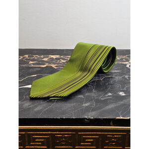 Comme Ca Du Mode Men Silk Tie Apple Green Striped Border Made in Japan